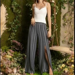 EMERY ROSE Small Black White Striped Wide Leg PANTS High Slit Knee Split Viscose
